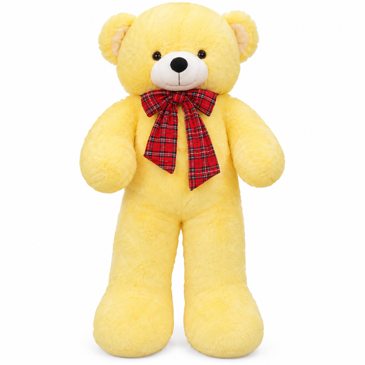 Large Yellow Teddy Bear with Red Plaid Bow – Soft Plush Gift
