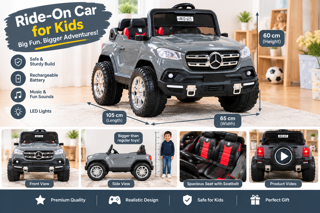 Kids Electric Ride-On Car – Grey 2-Seater Toy Car with LED Lights