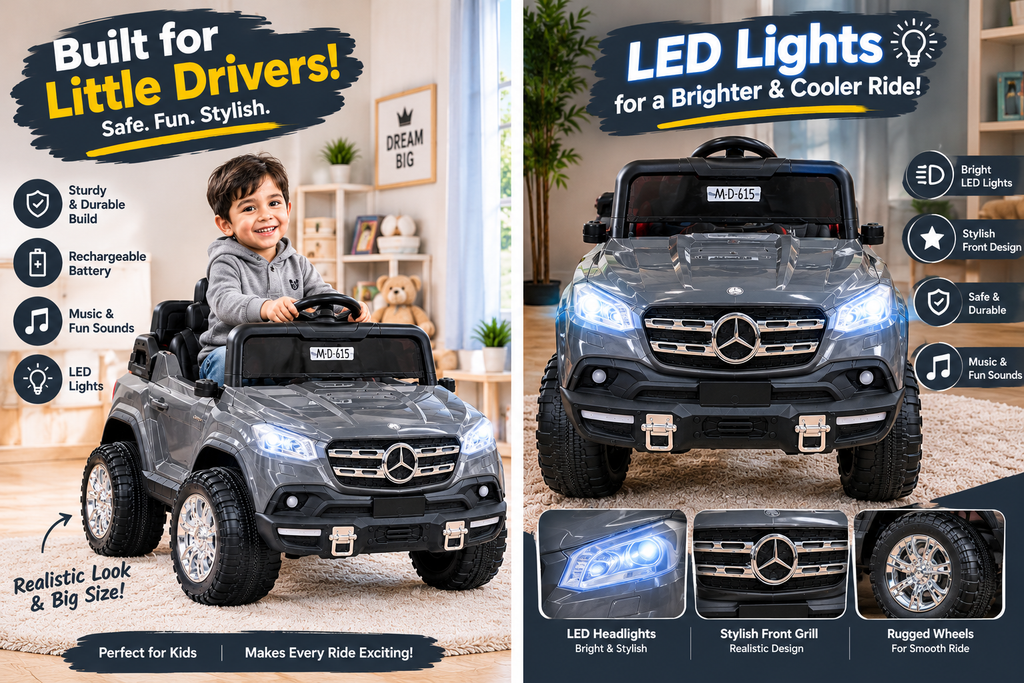 Kids Electric Ride-On Car – Grey 2-Seater Toy Car with LED Lights