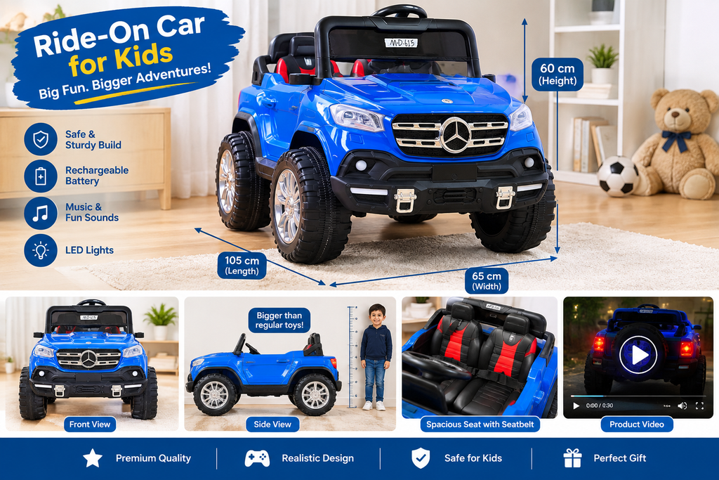Kids Electric Ride-On Car – Blue 2-Seater Toy Car with LED Lights